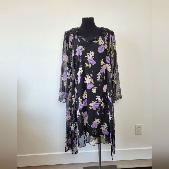 Vintage J.B.S. Floral Dress & Jacket Set Sheer Black Fairycore Whimsigoth 12 - Picture 1 of 14